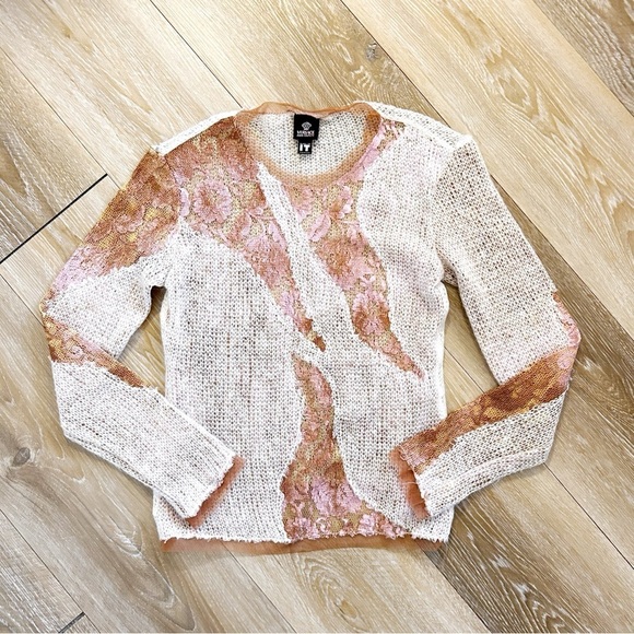 Versace Y2K Vintage Sheer Knit Lace Cream Rose Sweater – Size Medium - Picture 2 of 9